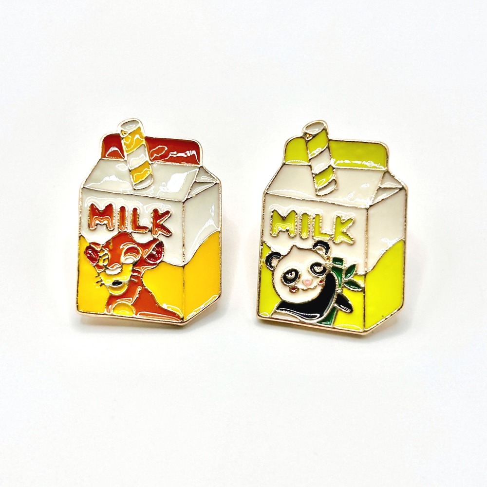 Simba & Panda Milk Carton Enamel Pin Set OS Multi Enamel Lapel Kawaii Accessory